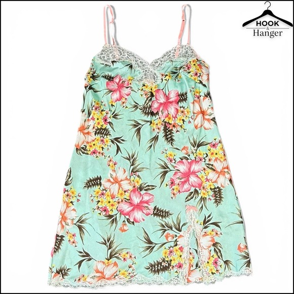 Victoria's Secret Other - Victoria's Secret Y2K Satin Tropical Chemise Nightie S Blue Pink Hibiscus Lace